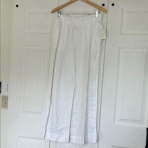 NWT- Linen White Smocked-Waist Wide Leg Pants Pockets